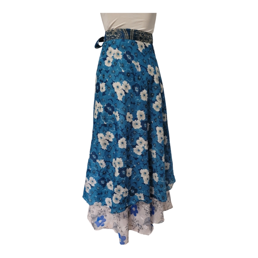 100% silk‎ Reversible wrap skirt, blue floral